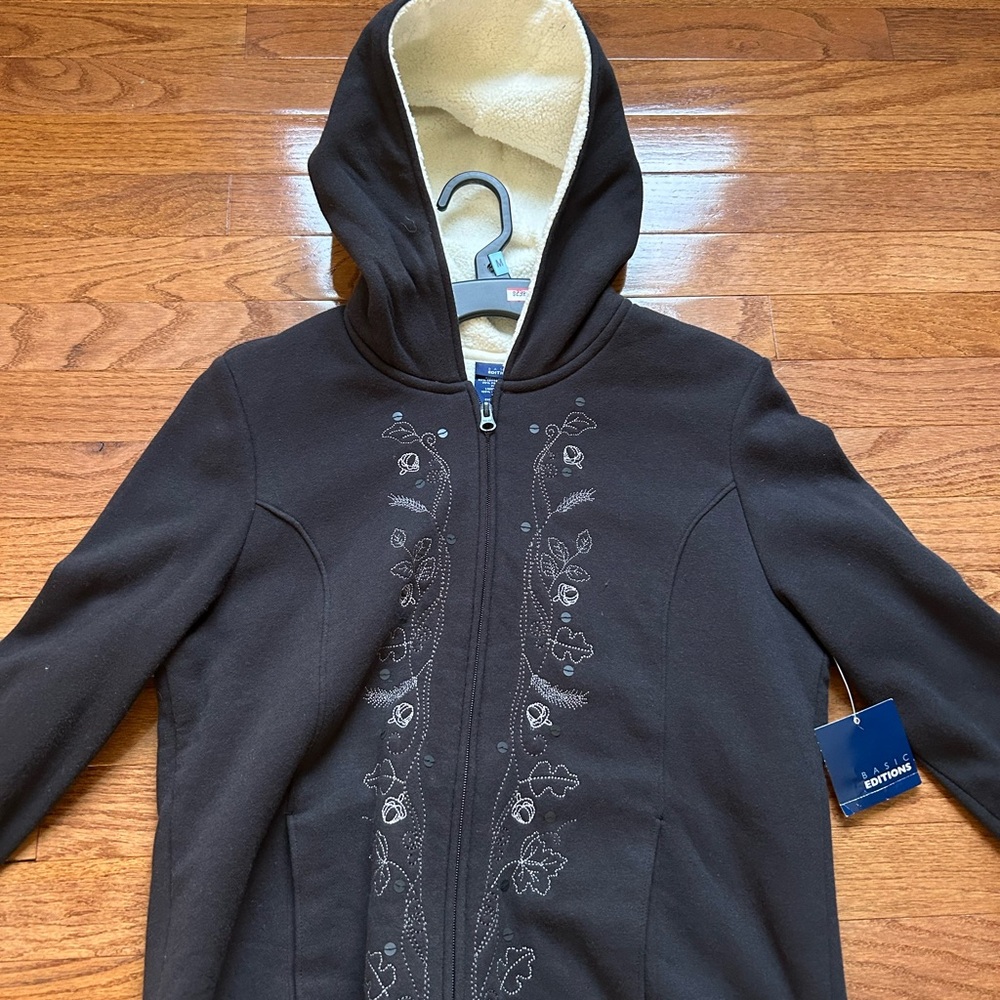 Black Hooded Jacket with Embroidered Design